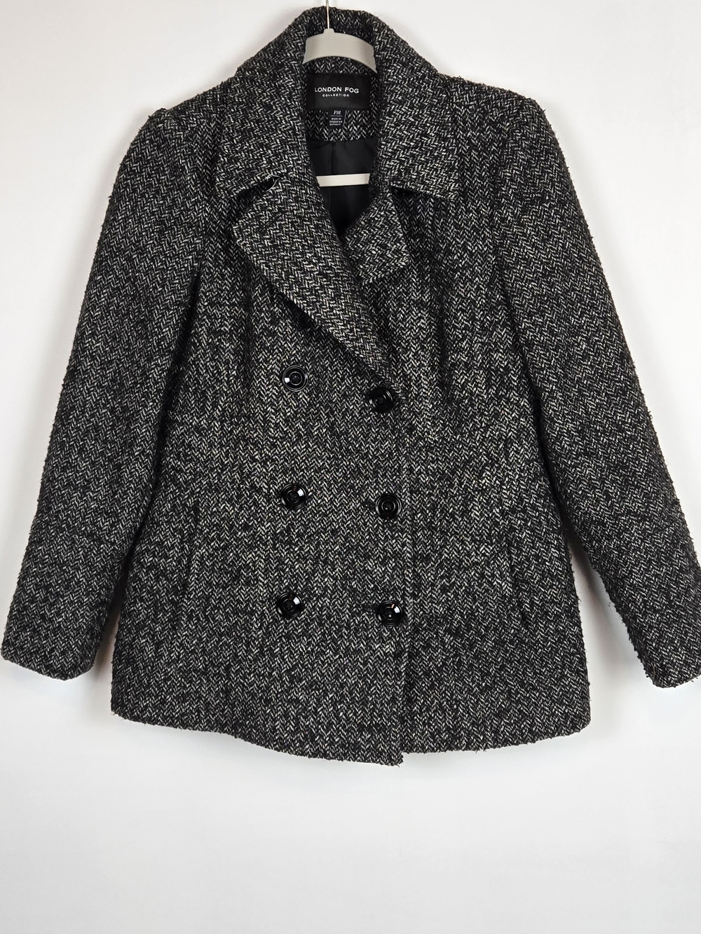 London Fog Black & White Herringbone Tweed Wool Blend Peacoat Petite Medium